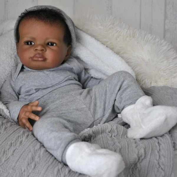 19" African American Reborn Baby Doll Lanny – Handmade with Rooted Hair